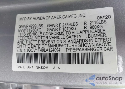 2020 Honda Accord Ex from USA, damaged, VIN 1HGCV1F48LA124094